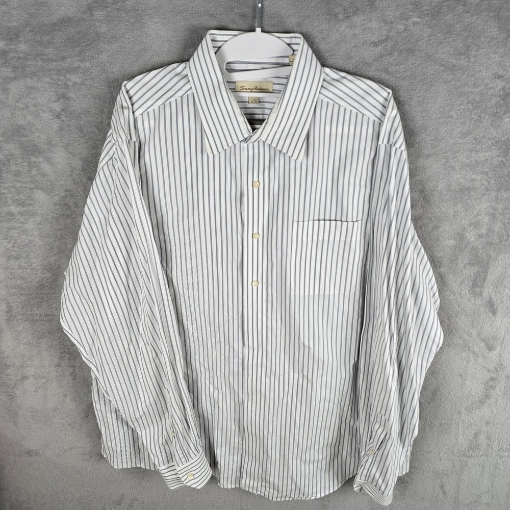 Tommy Bahama Mens 17.5 36-37 Striped Button Down Shirt White Navy Blue Cotton